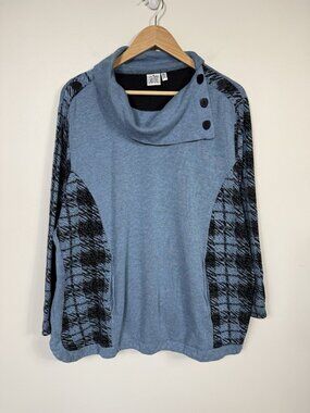 Parsley & Sage Cowl Neck Top Lightweight Sweater 2X Blue Black Plaid Artsy